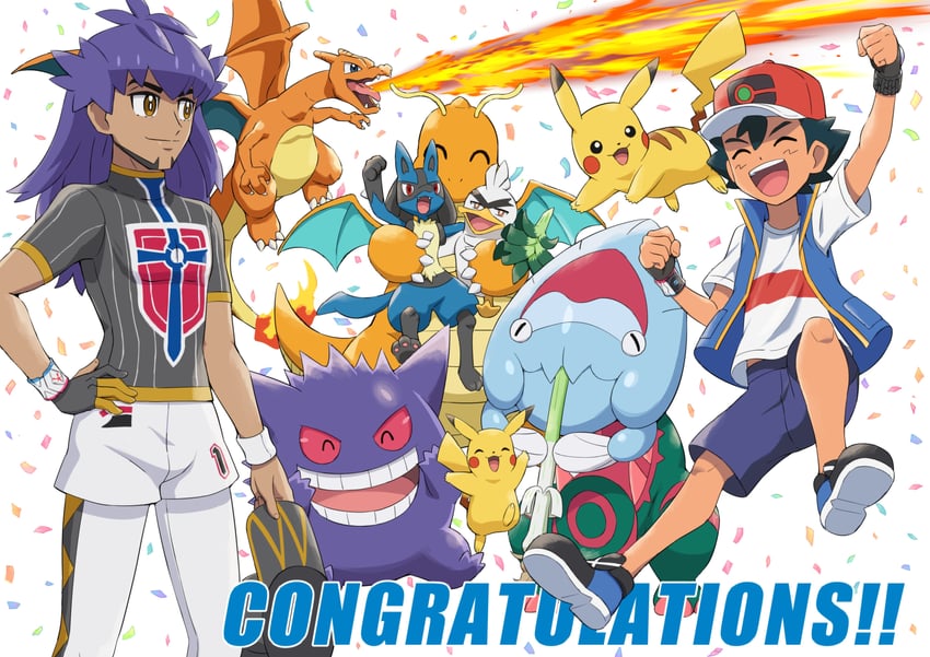 pikachu, ash ketchum, leon, charizard, lucario, and 4 more (pokemon and 1 more) drawn by pokemoa