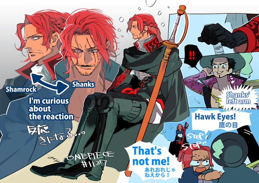 shanks, dracule mihawk, and figarland shamrock (one piece) drawn by qkix