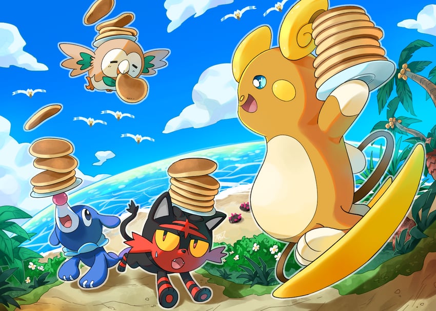 rowlet, popplio, litten, wingull, alolan raichu, and 1 more (pokemon) drawn by mobbbt