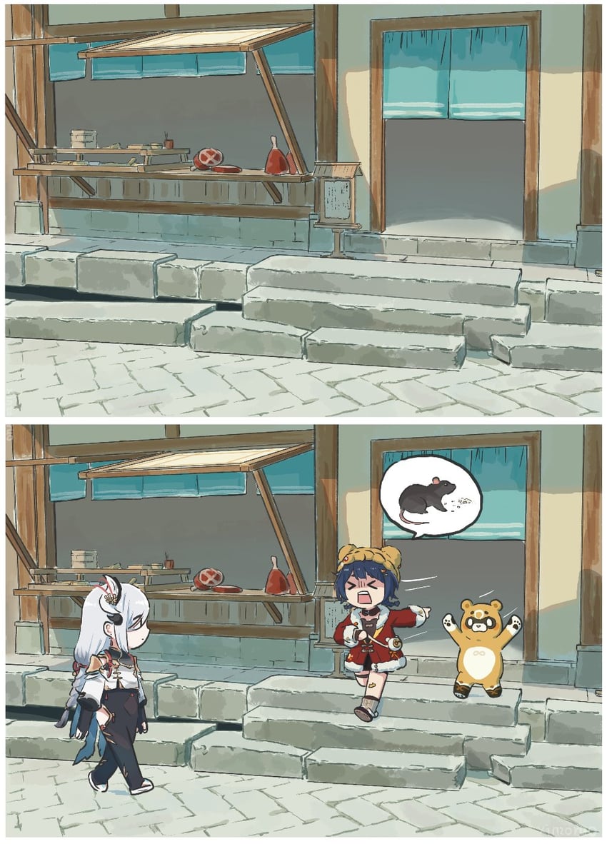 shenhe, xiangling, and guoba (genshin impact) drawn by xinzoruo