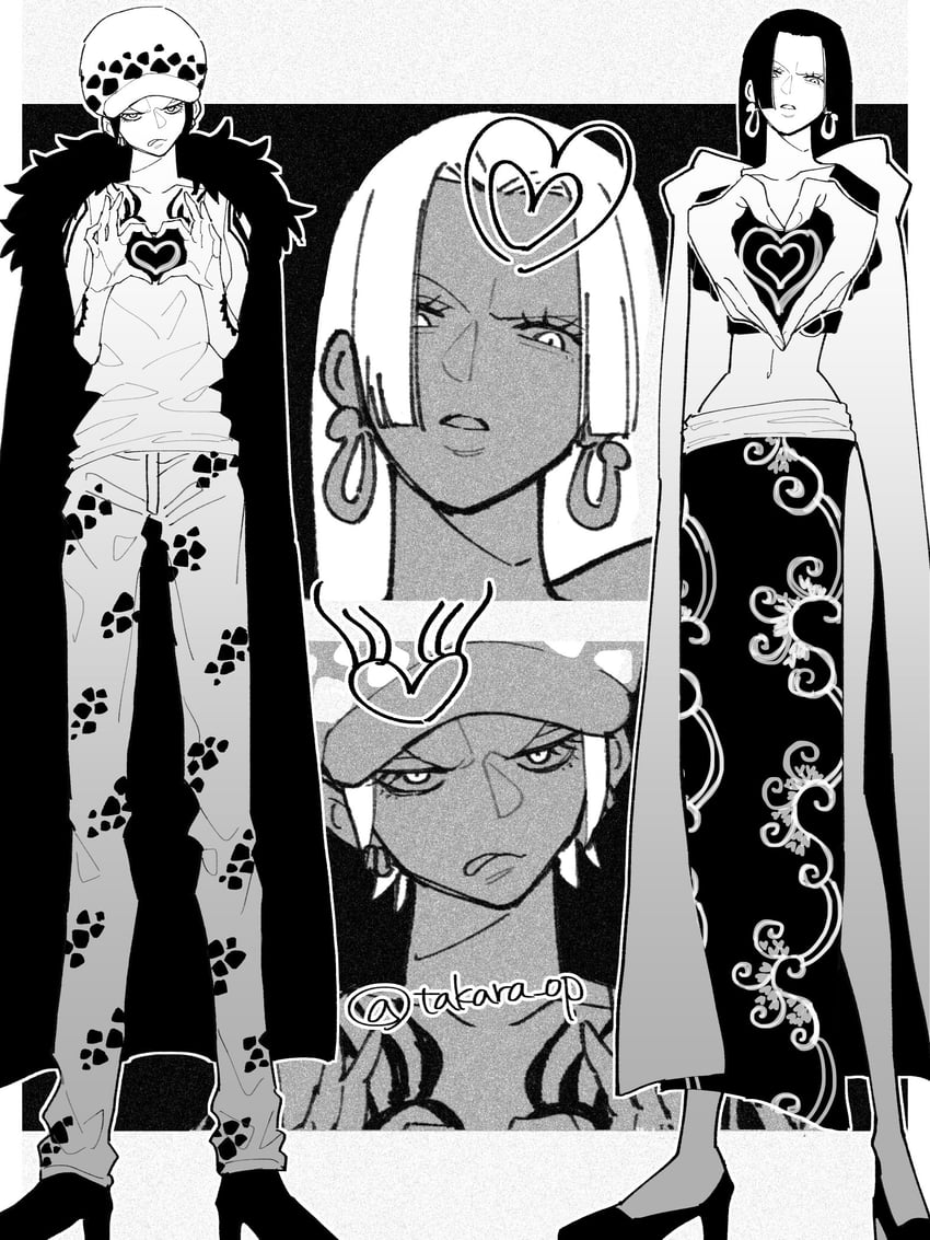 trafalgar law, boa hancock, and law-chan (one piece) drawn by takara_op