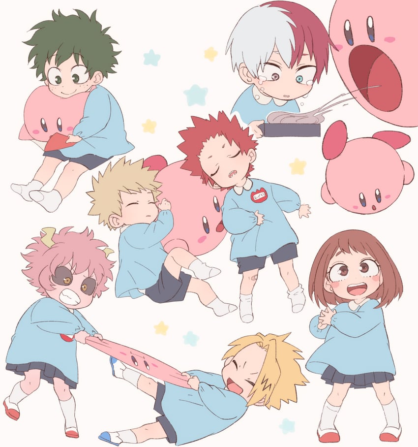 kirby, midoriya izuku, bakugou katsuki, uraraka ochaco, todoroki shoto, and 3 more (boku no hero academia and 1 more) drawn by akiyama_(noconoco)