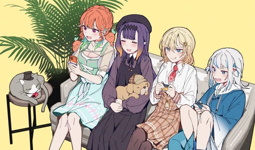 gawr gura, ninomae ina'nis, takanashi kiara, watson amelia, bubba, and 2 more (hololive and 1 more) drawn by mitsumine_(ookami_no_oyashiro)