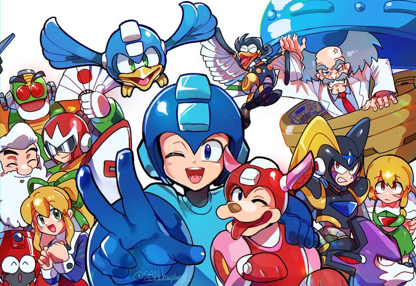 roll, mega man, proto man, bass, rush, and 8 more (original and 1 more) drawn by srnhuyuno