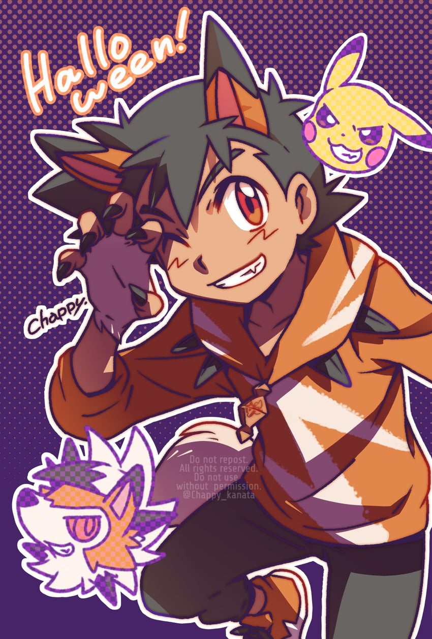 pikachu, ash ketchum, and lycanroc (pokemon and 1 more) drawn by chappy_(kanata218)