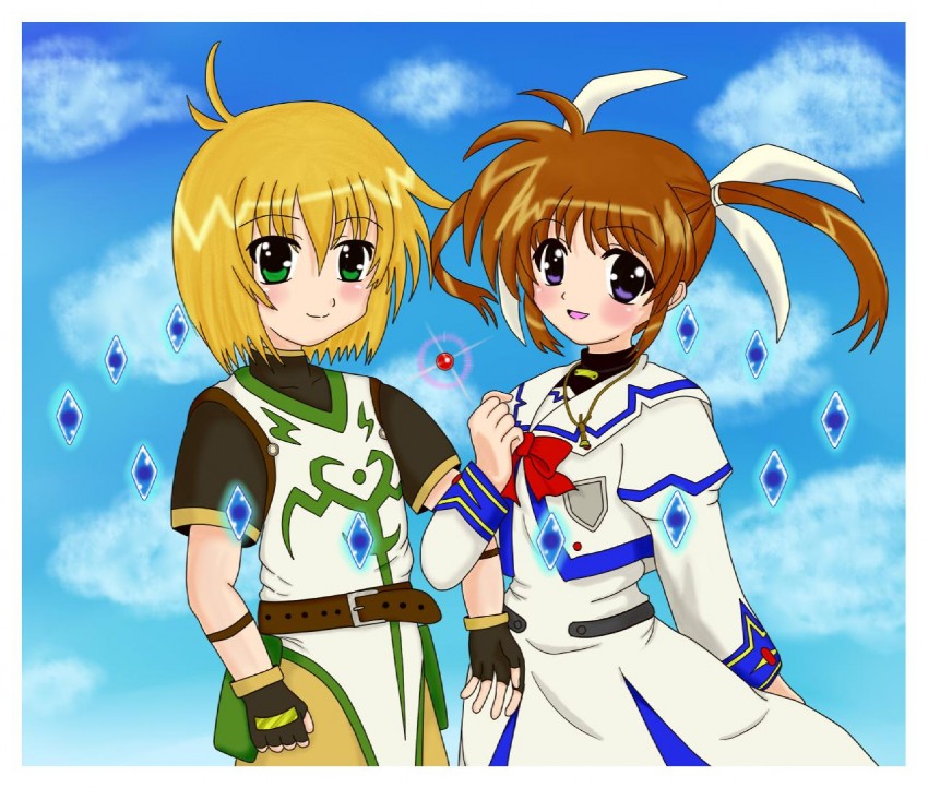 takamachi nanoha, raising heart, and yuuno scrya (lyrical nanoha and 1 more)