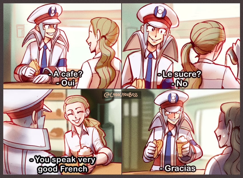 emmet and waitress (pokemon and 3 more) drawn by choochooboss