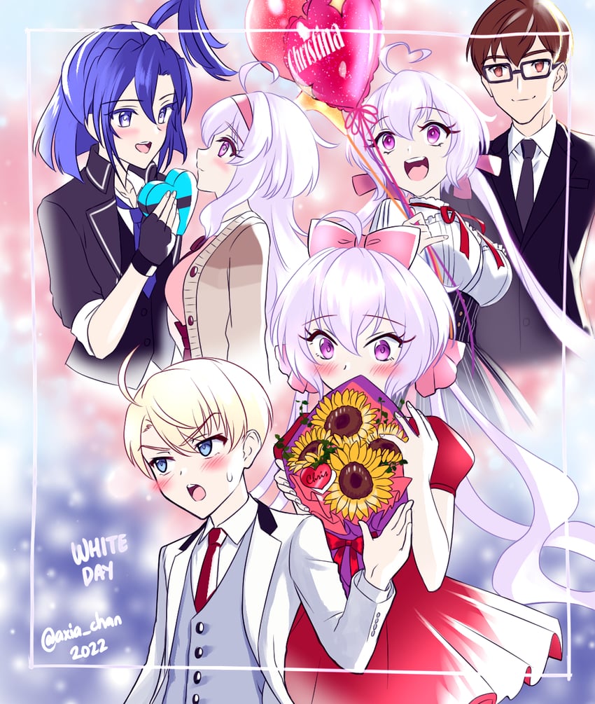 yukine chris, kazanari tsubasa, ogawa shinji, leopold, and yukine christina (senki zesshou symphogear and 1 more) drawn by axia-chan