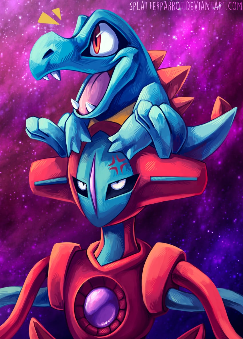totodile and deoxys (pokemon) drawn by splatterparrot