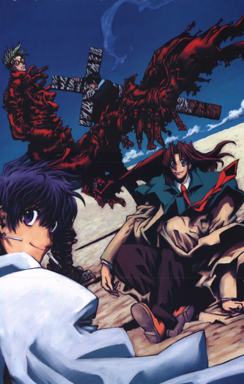 vash the stampede, nicholas d. wolfwood, meryl stryfe, and milly thompson (trigun) drawn by nightow_yasuhiro