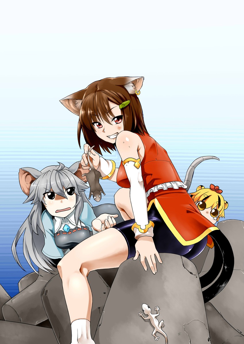 chen, nazrin, and toramaru shou (touhou) drawn by phenne
