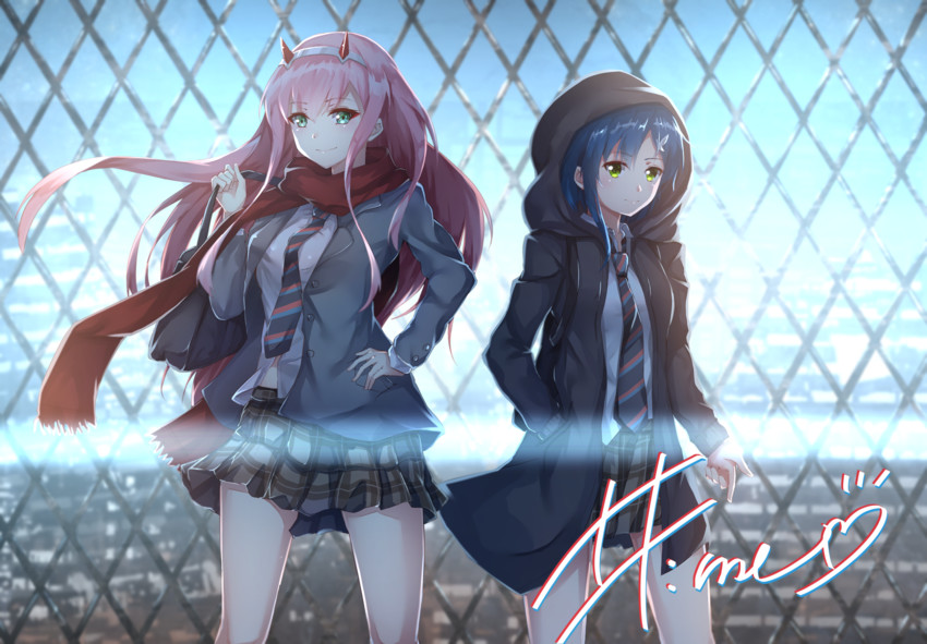 zero two and ichigo (darling in the franxx) drawn by fluegel_(gumi710)