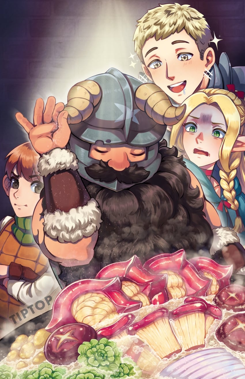 marcille donato, laios touden, senshi, and chilchuck tims (dungeon meshi) drawn by tanukiteatime