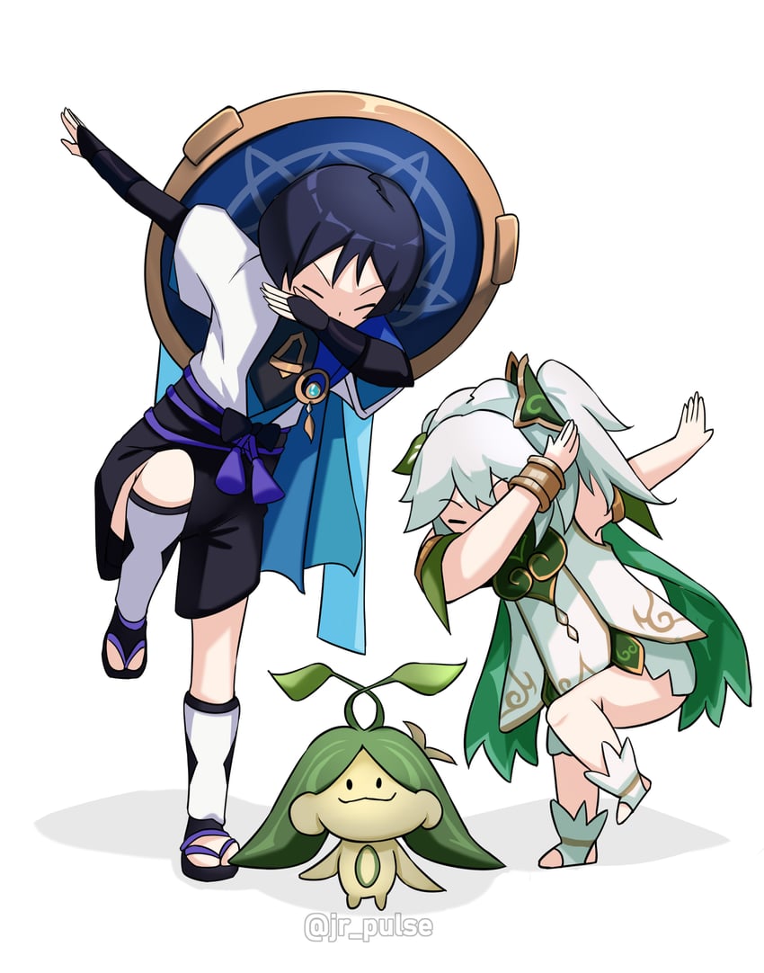 scaramouche, nahida, wanderer, and aranara (genshin impact) drawn by jrpulse