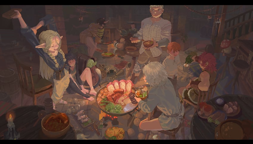 marcille donato, falin touden, laios touden, senshi, chilchuck tims, and 5 more (dungeon meshi) drawn by ts_psi_vczzxvc