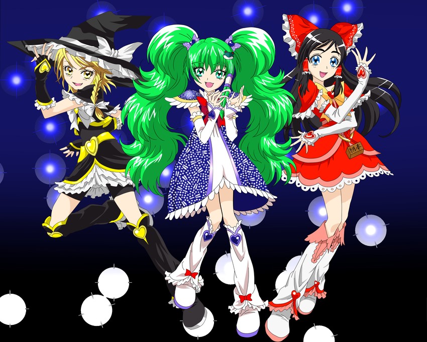 hakurei reimu, kirisame marisa, kochiya sanae, cure black, cure white, and 1 more (touhou and 2 more) drawn by ltd_border