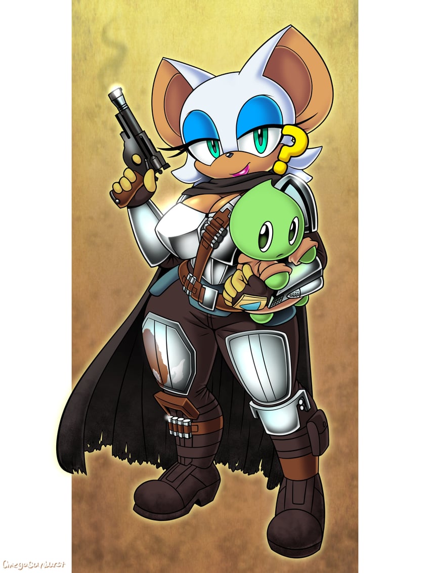 rouge the bat, neutral chao, grogu, and din djarin (sonic and 2 more) drawn by omegasunburst