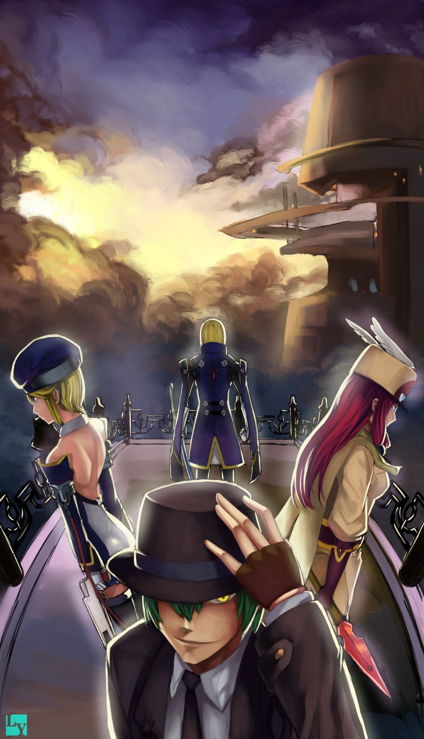 noel vermillion, jin kisaragi, tsubaki yayoi, and hazama (blazblue) drawn by club3