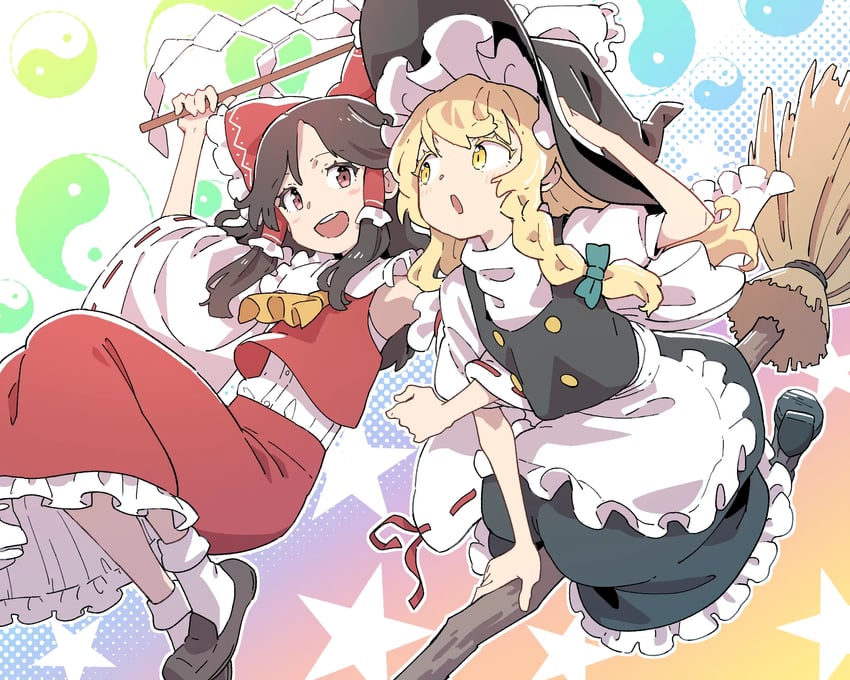 hakurei reimu and kirisame marisa (touhou) drawn by kawayabug