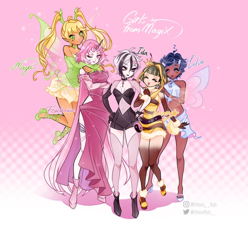 maya, fredinica, lulua, ida, and honey (original and 1 more) drawn by chocofish