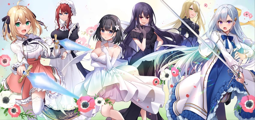 anisphia wynn palettia, euphyllia magenta, lainie cyan, ilia coral, tilty claret, and 1 more (tensei oujo to tensai reijou no mahou kakumei) drawn by kisaragi_yuri