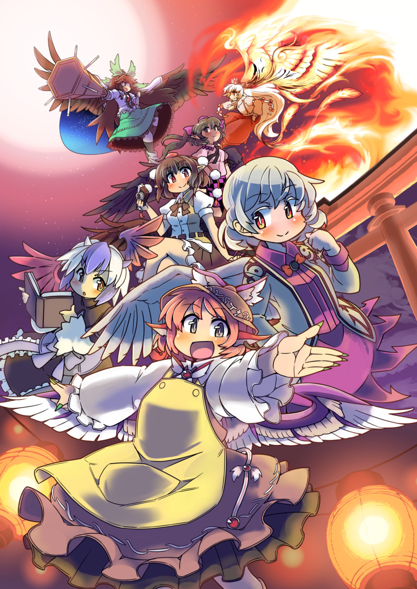 shameimaru aya, fujiwara no mokou, reiuji utsuho, mystia lorelei, himekaidou hatate, and 3 more (touhou) drawn by ini_(inunabe00)