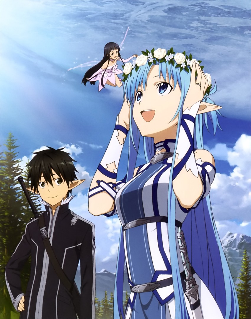 asuna, kirito, and yui (sword art online) drawn by takata_akira