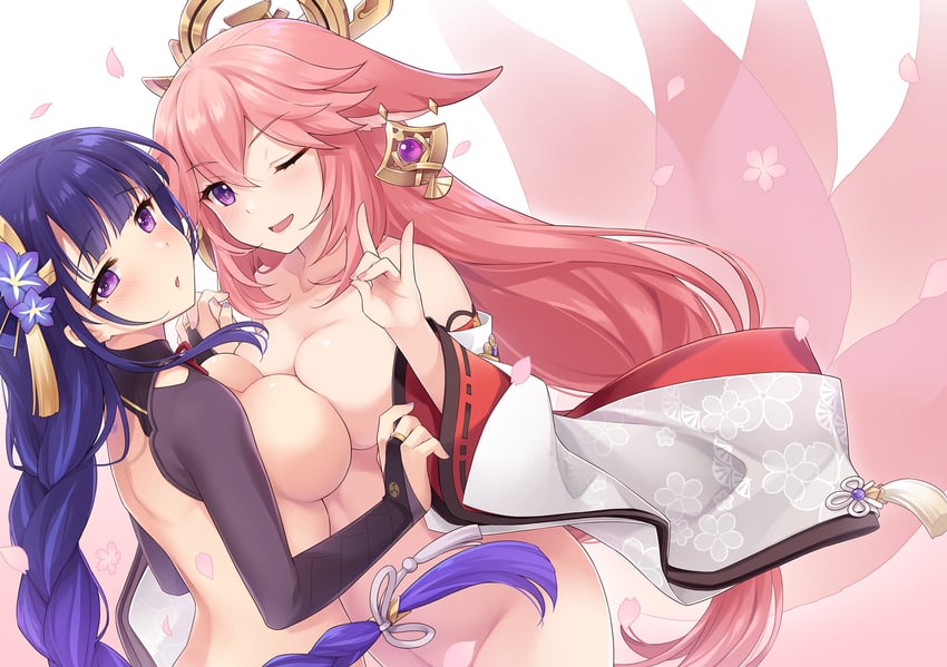 raiden shogun and yae miko (genshin impact) drawn by saeki_hokuto