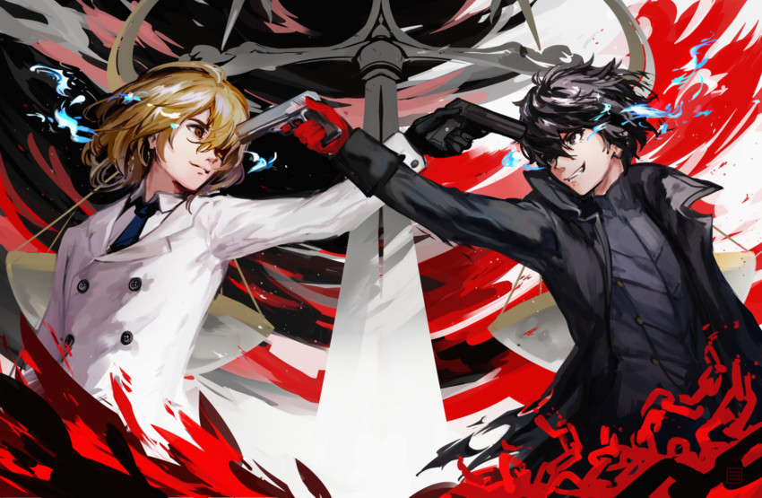 amamiya ren, akechi gorou, and joker (persona and 1 more) drawn by k_(sktchblg)