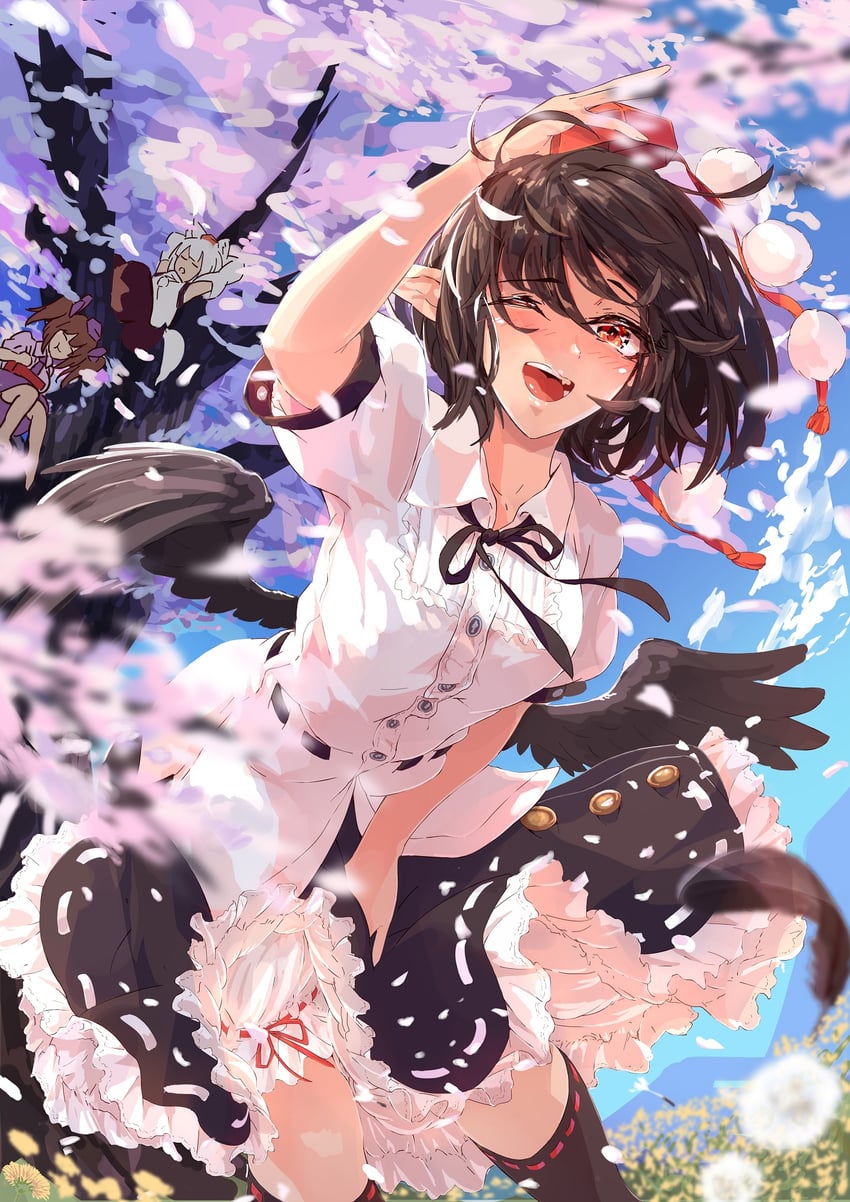 shameimaru aya, inubashiri momiji, and himekaidou hatate (touhou) drawn by kagami_toufu