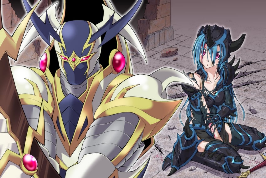 buster blader, dragon horn hunter, and buster blader the dragon destroyer swordsman (yu-gi-oh!) drawn by ozaneko