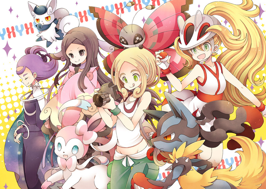 lucario, sylveon, meowstic, korrina, viola, and 4 more (pokemon and 1 more) drawn by uppi