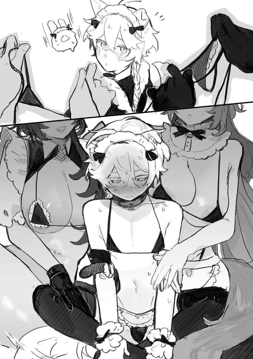 aether, diluc, kaeya, and seelie (genshin impact) drawn by tabibitowayo