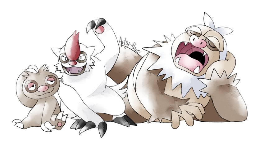 slaking, slakoth, and vigoroth (pokemon) drawn by artsy-theo