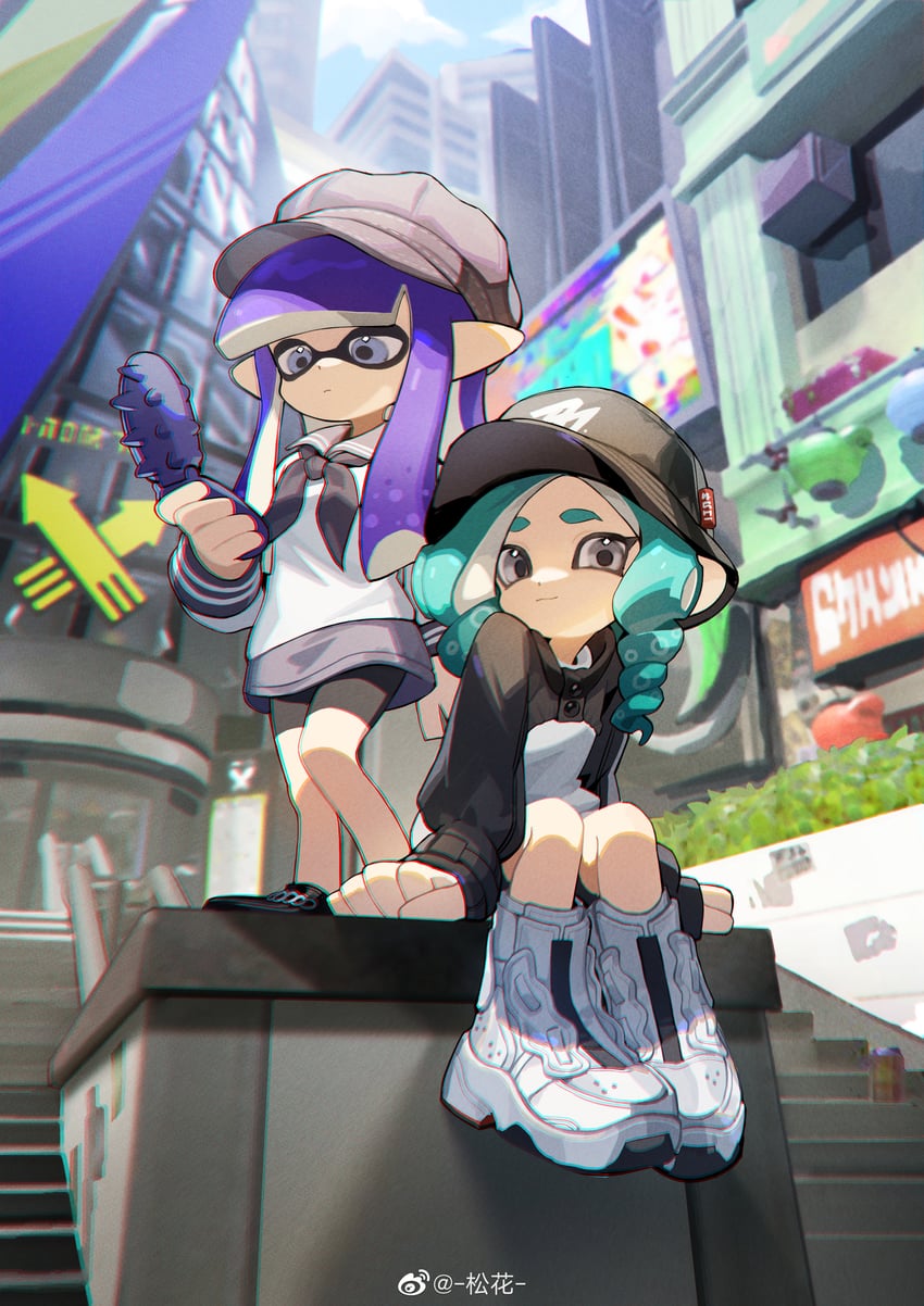 inkling player character, inkling girl, octoling player character, and octoling girl (splatoon and 1 more) drawn by songhua
