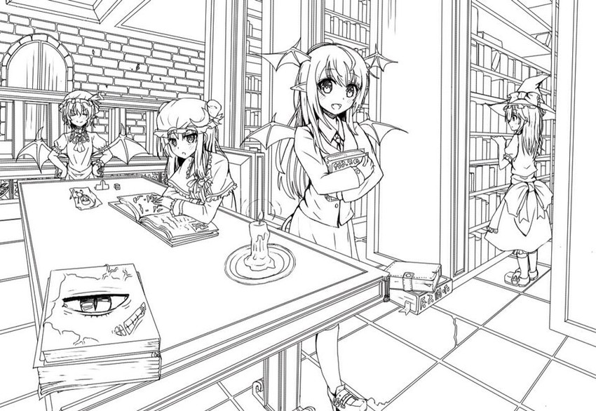 kirisame marisa, remilia scarlet, patchouli knowledge, and koakuma (touhou) drawn by rigorigo