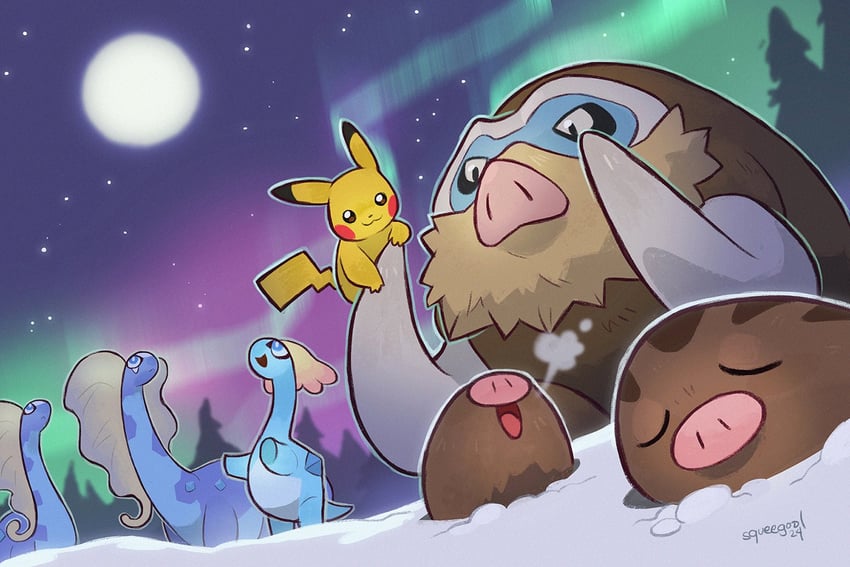 pikachu, swinub, mamoswine, aurorus, and amaura (pokemon) drawn by squeegool