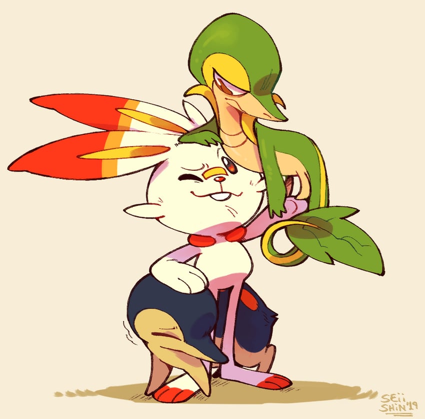 scorbunny, snivy, and cyndaquil (pokemon) drawn by seiishin