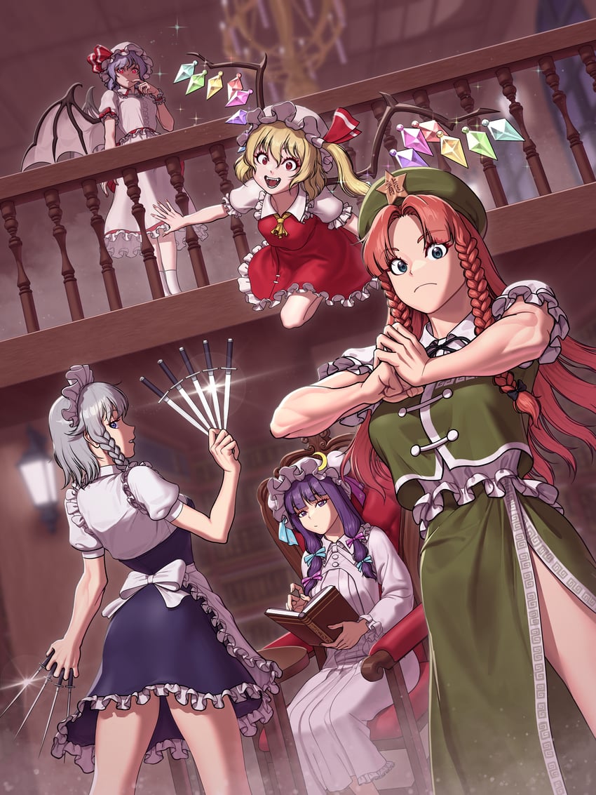 remilia scarlet, flandre scarlet, izayoi sakuya, patchouli knowledge, and hong meiling (touhou and 1 more) drawn by lyoung0j