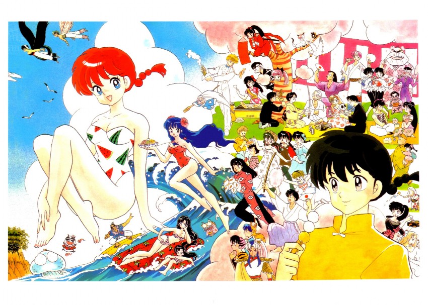 ranma-chan, saotome ranma, p-chan, hibiki ryouga, kuonji ukyou, and 37 more (ranma 1/2) drawn by takahashi_rumiko