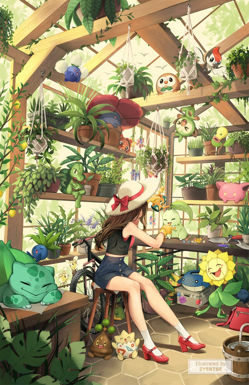 rowlet, bulbasaur, chikorita, pichu, grookey, and 16 more (pokemon) drawn by syertse