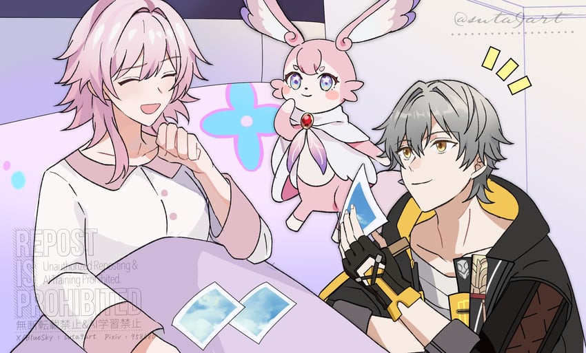 trailblazer, march 7th, caelus, and mem (honkai and 1 more) drawn by kyo722