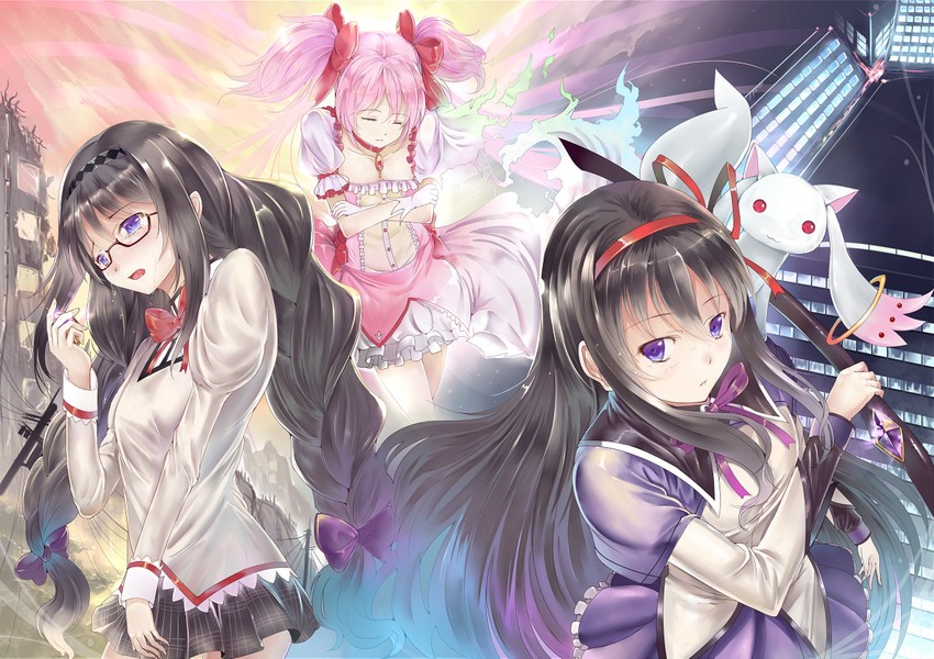 akemi homura, kaname madoka, and kyubey (mahou shoujo madoka magica) drawn by sts