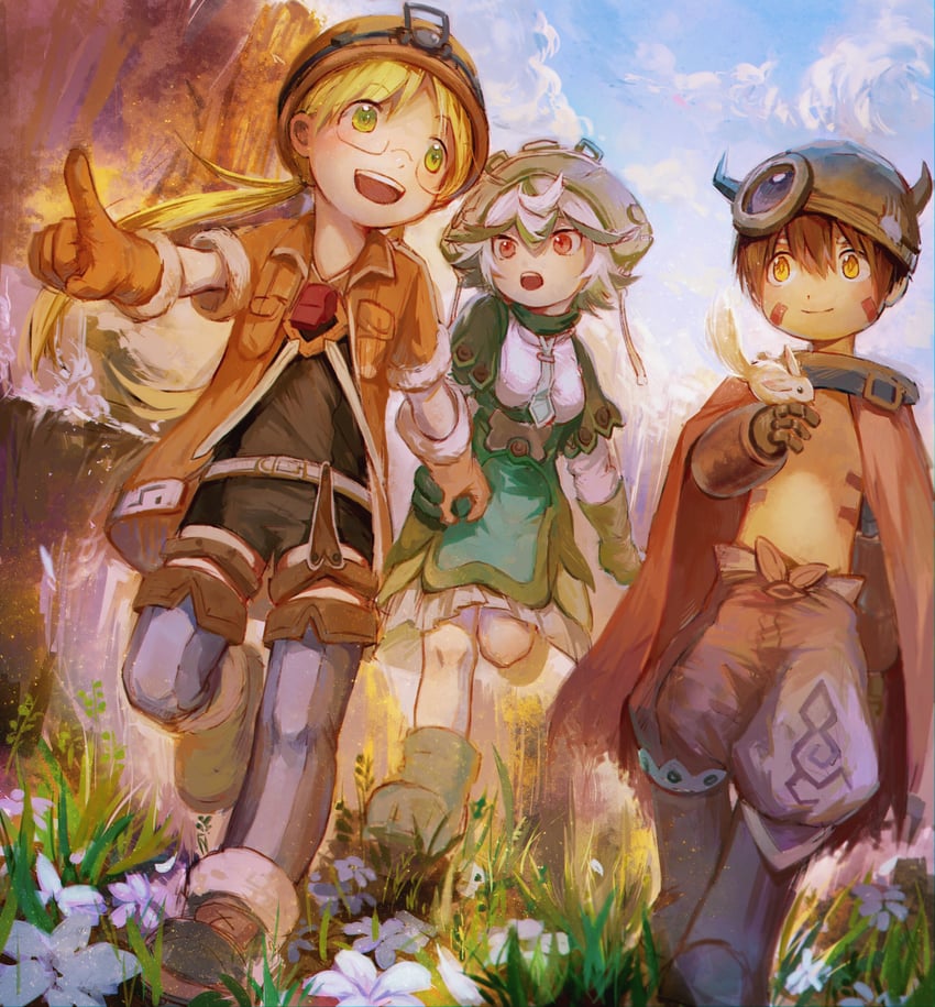 reg, riko, and prushka (made in abyss) drawn by ara