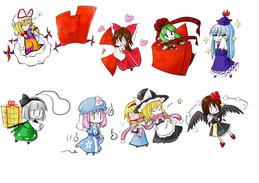 hakurei reimu, kirisame marisa, konpaku youmu, alice margatroid, yakumo yukari, and 5 more (touhou) drawn by runjay