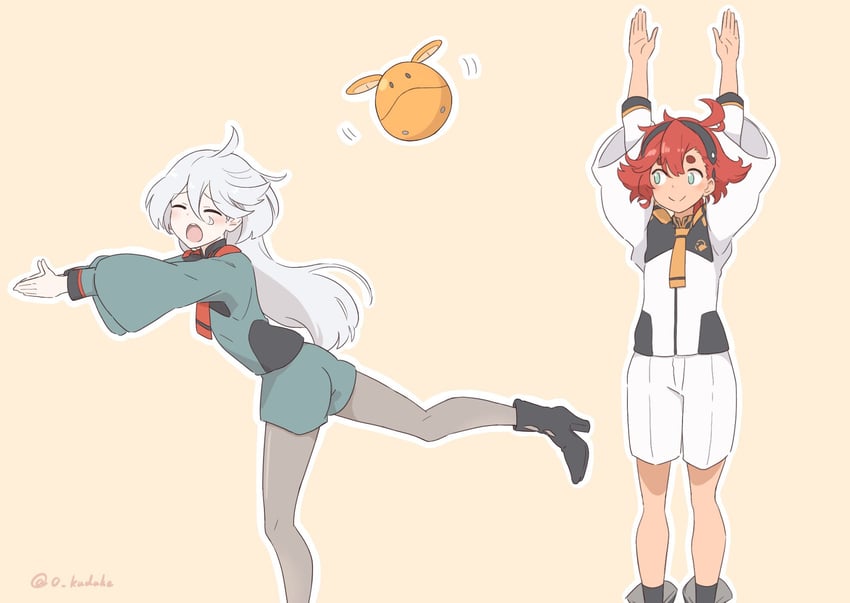 suletta mercury, miorine rembran, and haro (gundam and 2 more) drawn by o_kudake