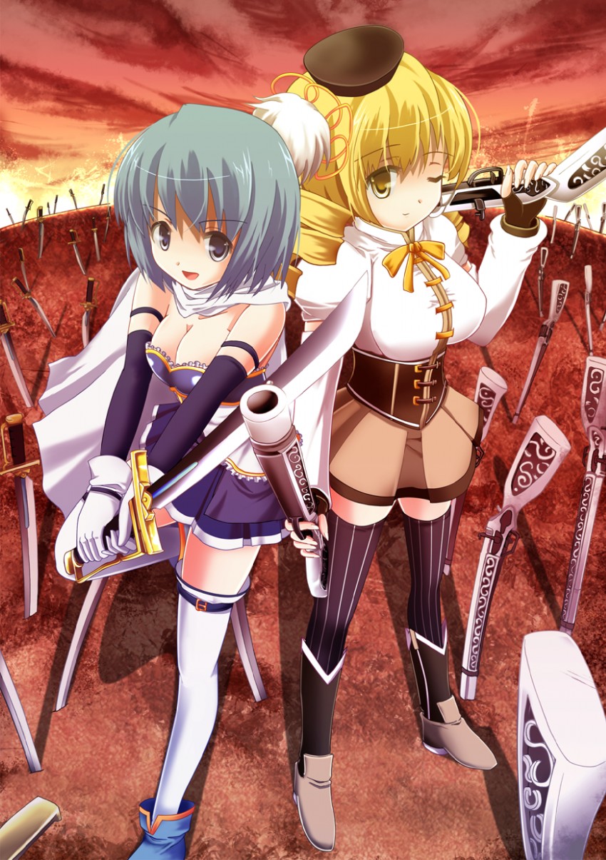 miki sayaka and tomoe mami (fate and 2 more) drawn by windfeathers