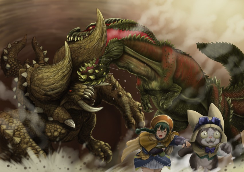 player palico, deviljho, and diablos (monster hunter) drawn by chaborin
