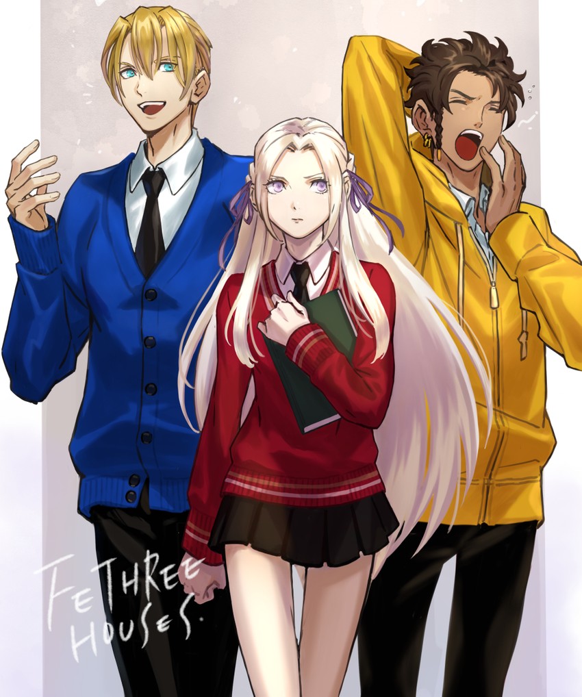 edelgard von hresvelg, dimitri alexandre blaiddyd, and claude von riegan (fire emblem and 1 more) drawn by misica