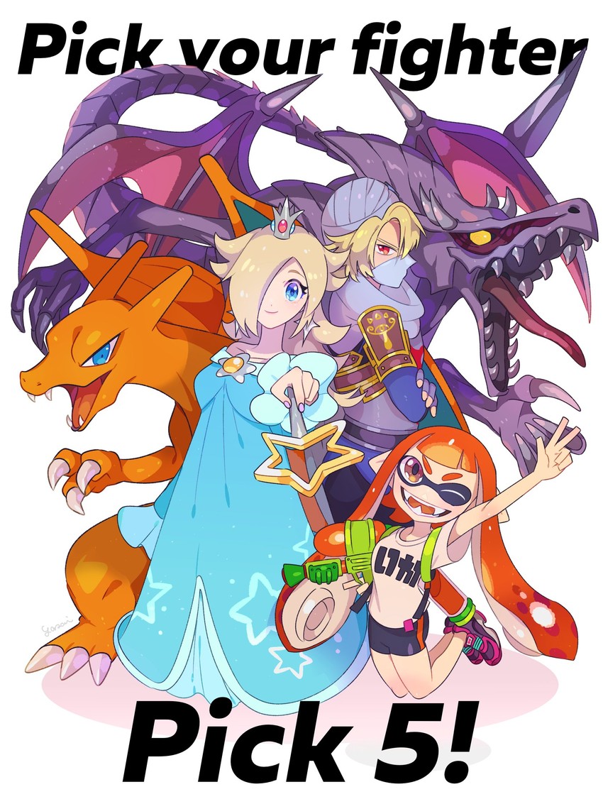 inkling player character, inkling girl, rosalina, charizard, sheik, and 2 more (pokemon and 8 more) drawn by yasaikakiage